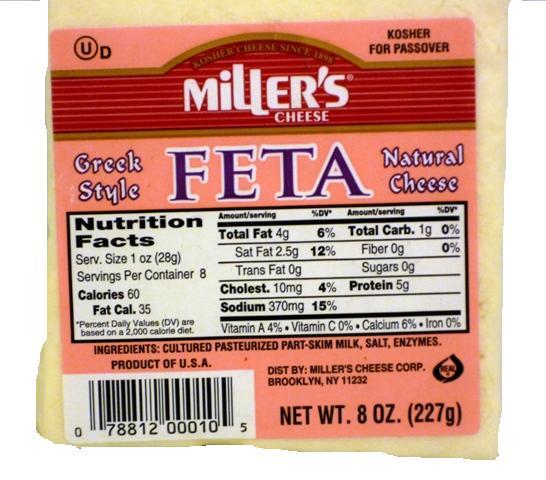 Miller's Greek Style Feta Natural Cheese 8oz