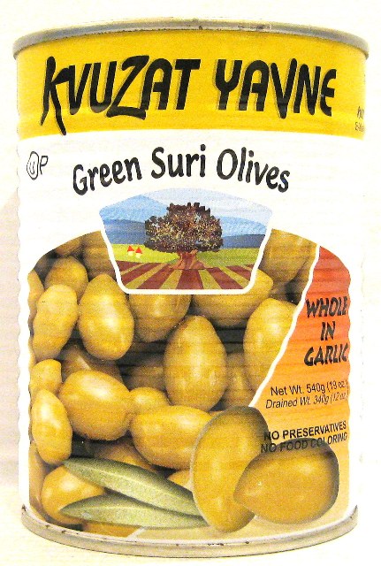 Kvuzat Yavne Green Suri Olives Whole in Garlic 19 oz